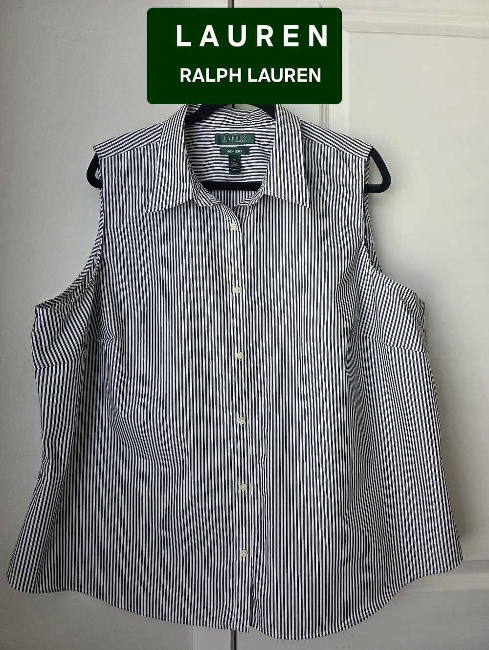 Lauren Ralph Lauren White & Olive Green  Striped Sleeveless Button-Front Shirt